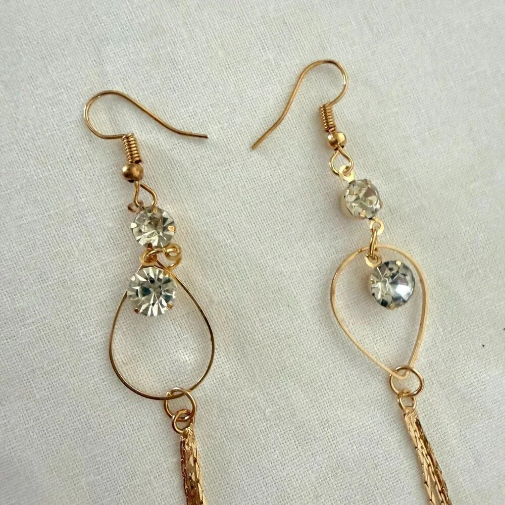 Gold Dangling Earrings With Teardrop Design And Rhinestones Long Chain Tassels